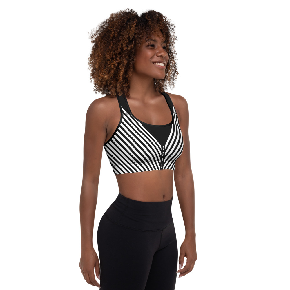 This comfy four-way stretch padded sports bra has a soft moisture-wicking fabric, extra materials in shoulder straps, and removable padding for maximum support.