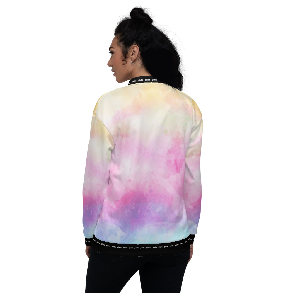 Sheen satin feel lightweight unisex bomber jacket with brushed fleece inside and vibrant print. Zipper and two pockets. Sublimation print all over.