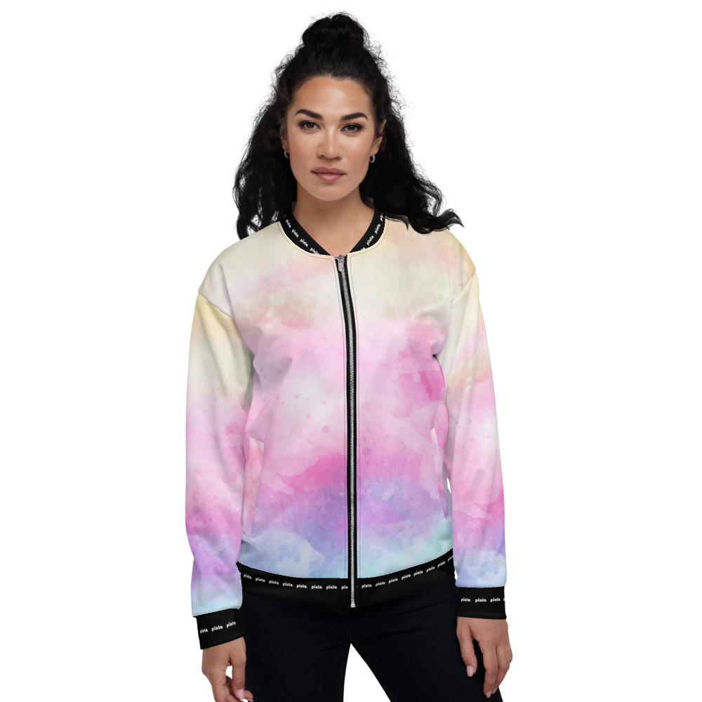 Sheen satin feel lightweight unisex bomber jacket with brushed fleece inside and vibrant print. Zipper and two pockets. Sublimation print all over.