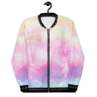 Sheen satin feel lightweight unisex bomber jacket with brushed fleece inside and vibrant print. Zipper and two pockets. Sublimation print all over.