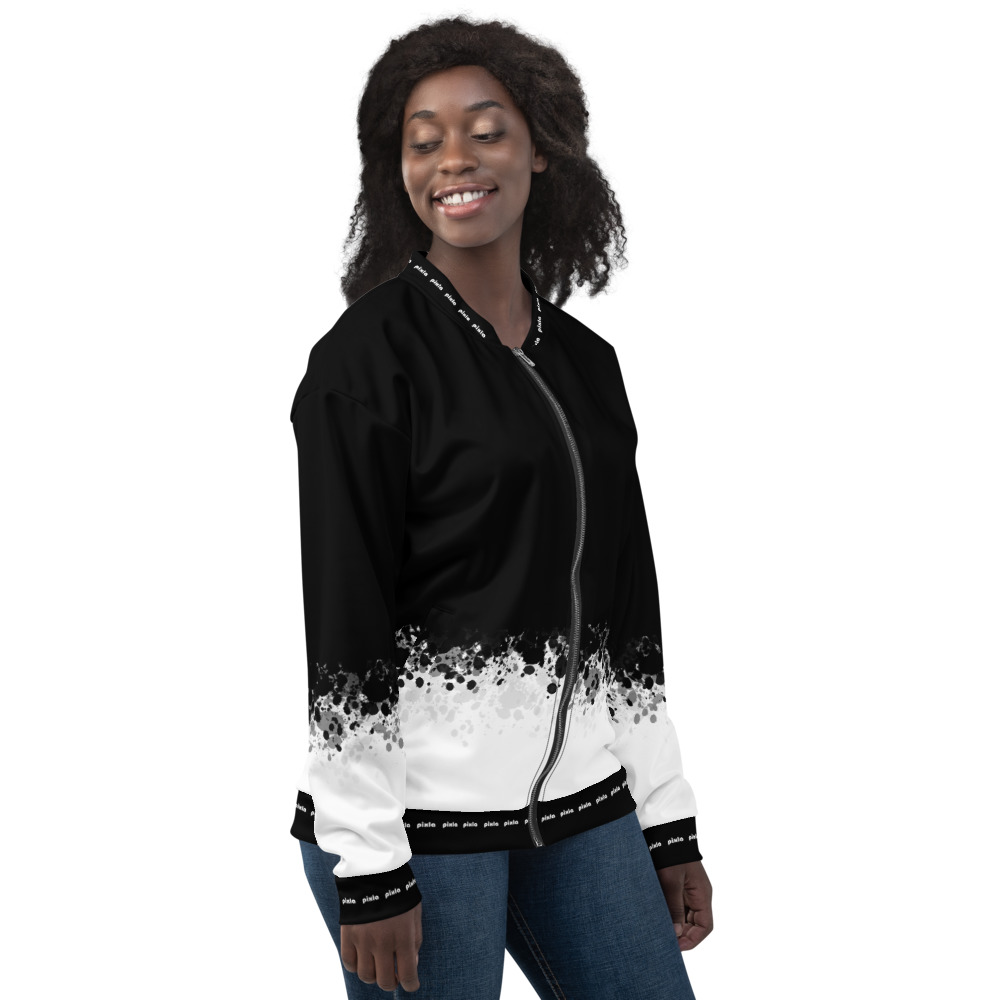 Sheen satin feel lightweight bomber jacket with brushed fleece inside and vibrant print. Zipper and two pockets. Sublimation print all over.