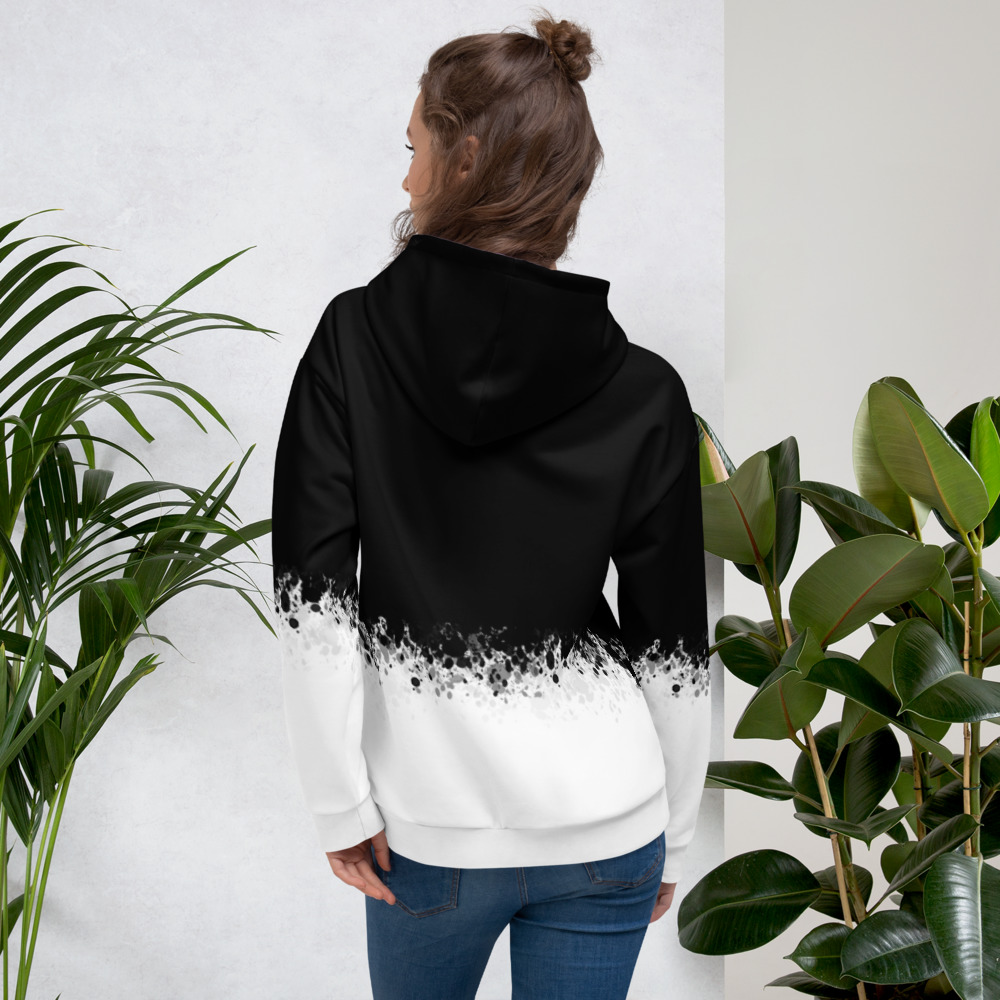 Black and white comfy unisex hoodie with a soft outside and a vibrant print, and an even softer brushed fleece inside making it nice and warm. Sublimation print all over.