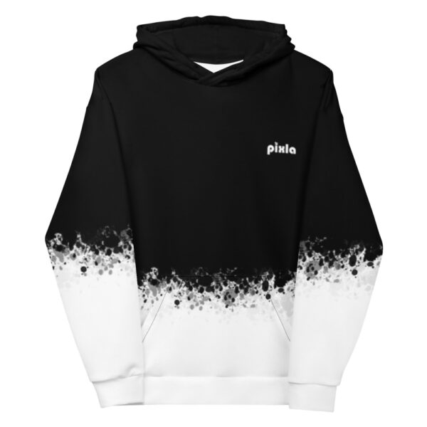 Black and white comfy unisex hoodie with a soft outside and a vibrant print, and an even softer brushed fleece inside making it nice and warm. Sublimation print all over.