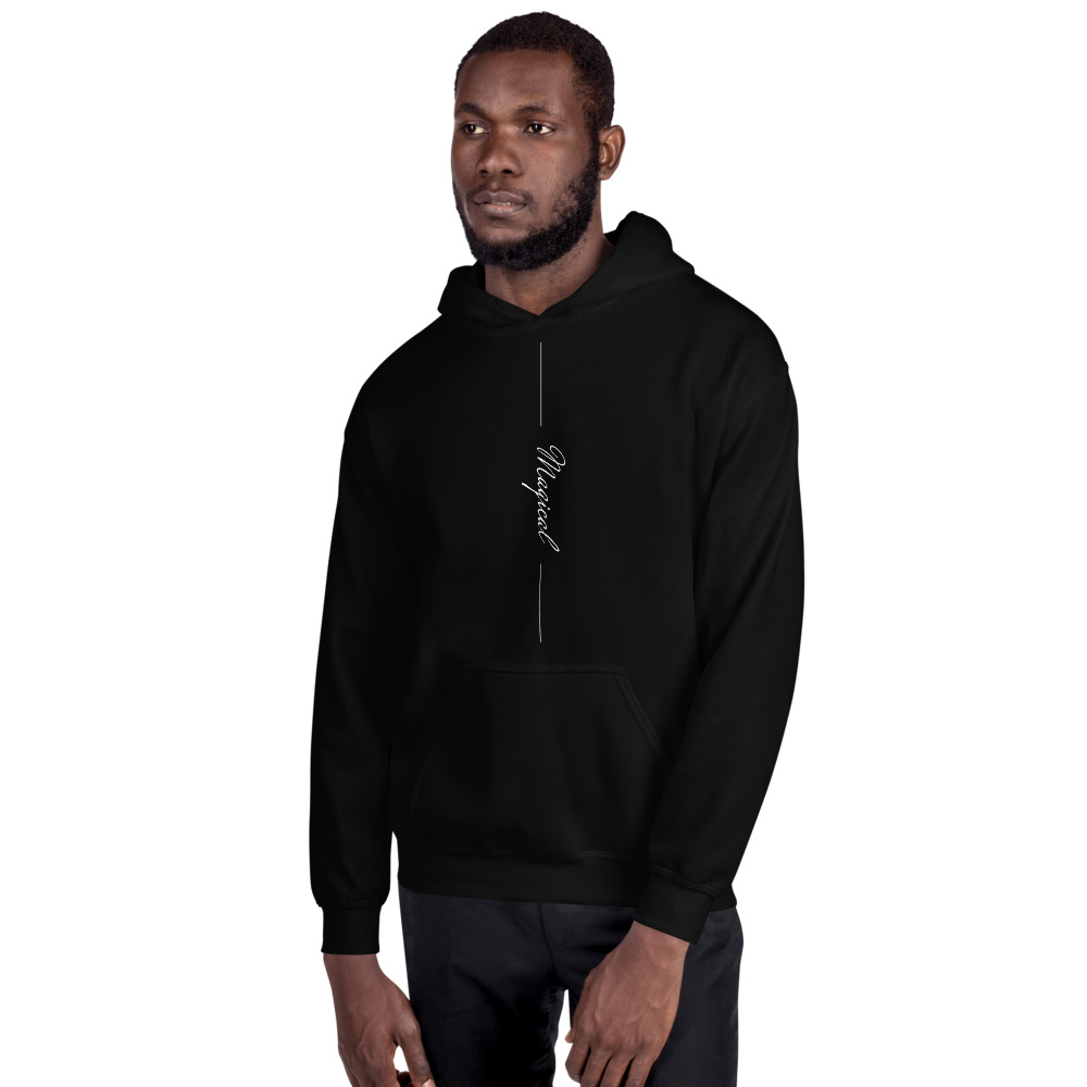 Cozy unisex go-to black hoodie in a loose fit to curl up in. Nice medium weight fabric with a super soft fleece inside. DTG Print on the front and upper back.