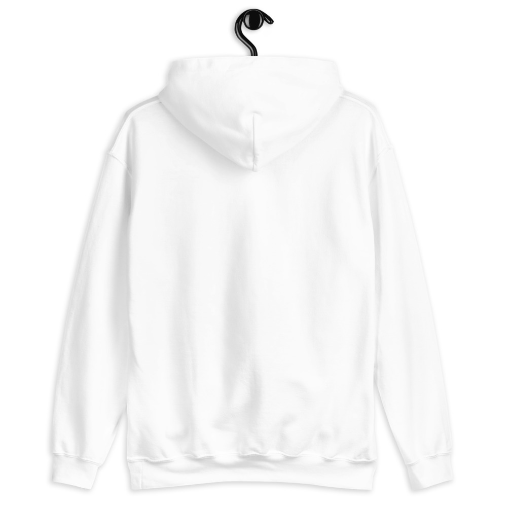 Cozy unisex go-to white hoodie in a loose fit to curl up in. Nice medium weight fabric with a super soft fleece inside. DTG Print on the front and upper back.