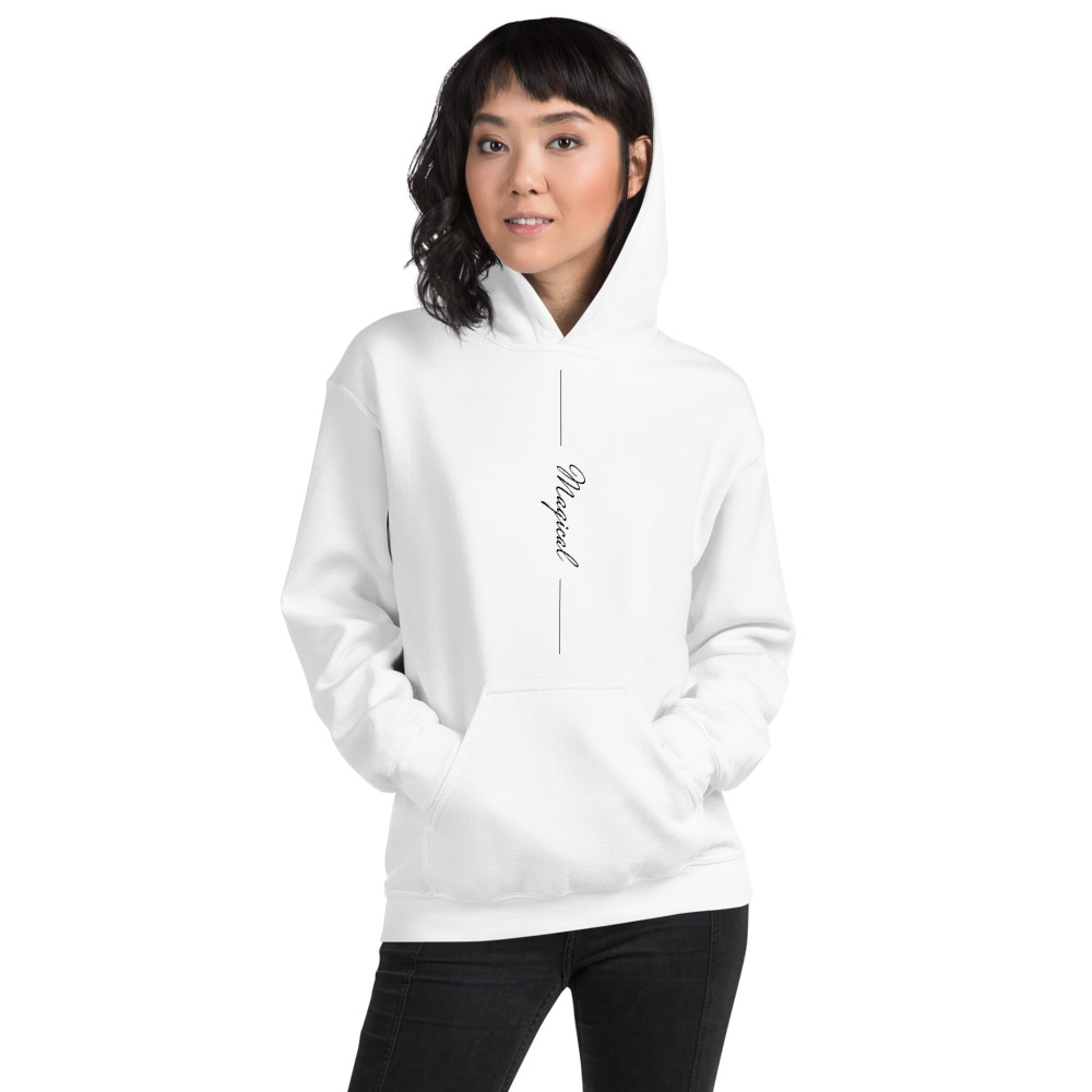 Cozy unisex go-to white hoodie in a loose fit to curl up in. Nice medium weight fabric with a super soft fleece inside. DTG Print on the front and upper back.
