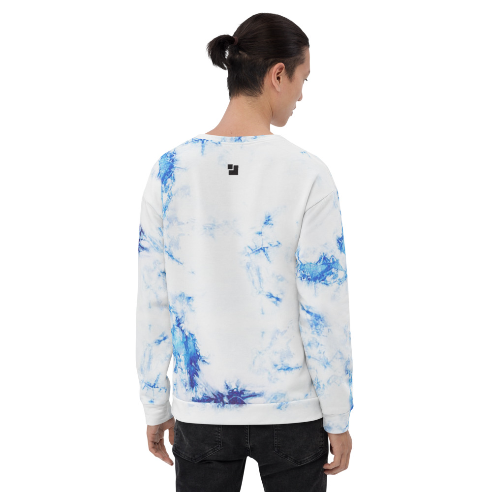 Comfy blue-white printed tie-dye effect unisex sweatshirt with a soft outside and a vibrant print, and an even softer brushed fleece inside making it nice and cozy