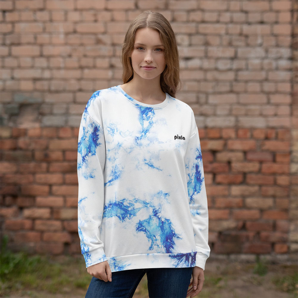 Comfy blue-white printed tie-dye effect unisex sweatshirt with a soft outside and a vibrant print, and an even softer brushed fleece inside making it nice and cozy