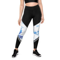 Soft and stretchy compression sports leggings in a printed blue-white tie-dye effect with high-waist, squat-proof lightweight fabric in a snug fit making them perfect for any workout where support and flexibility are needed. You'll love these!