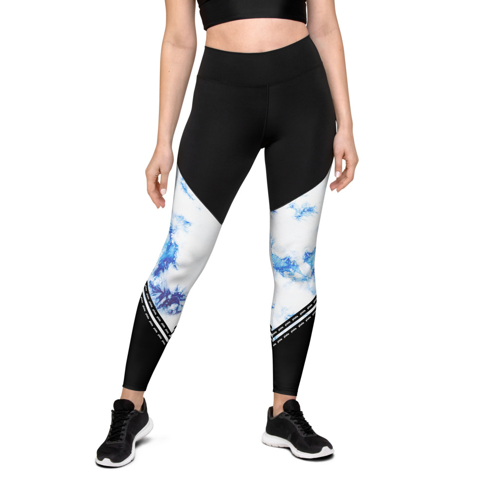 Soft and stretchy compression sports leggings in a printed blue-white tie-dye effect with high-waist, squat-proof lightweight fabric in a snug fit making them perfect for any workout where support and flexibility are needed. You'll love these!