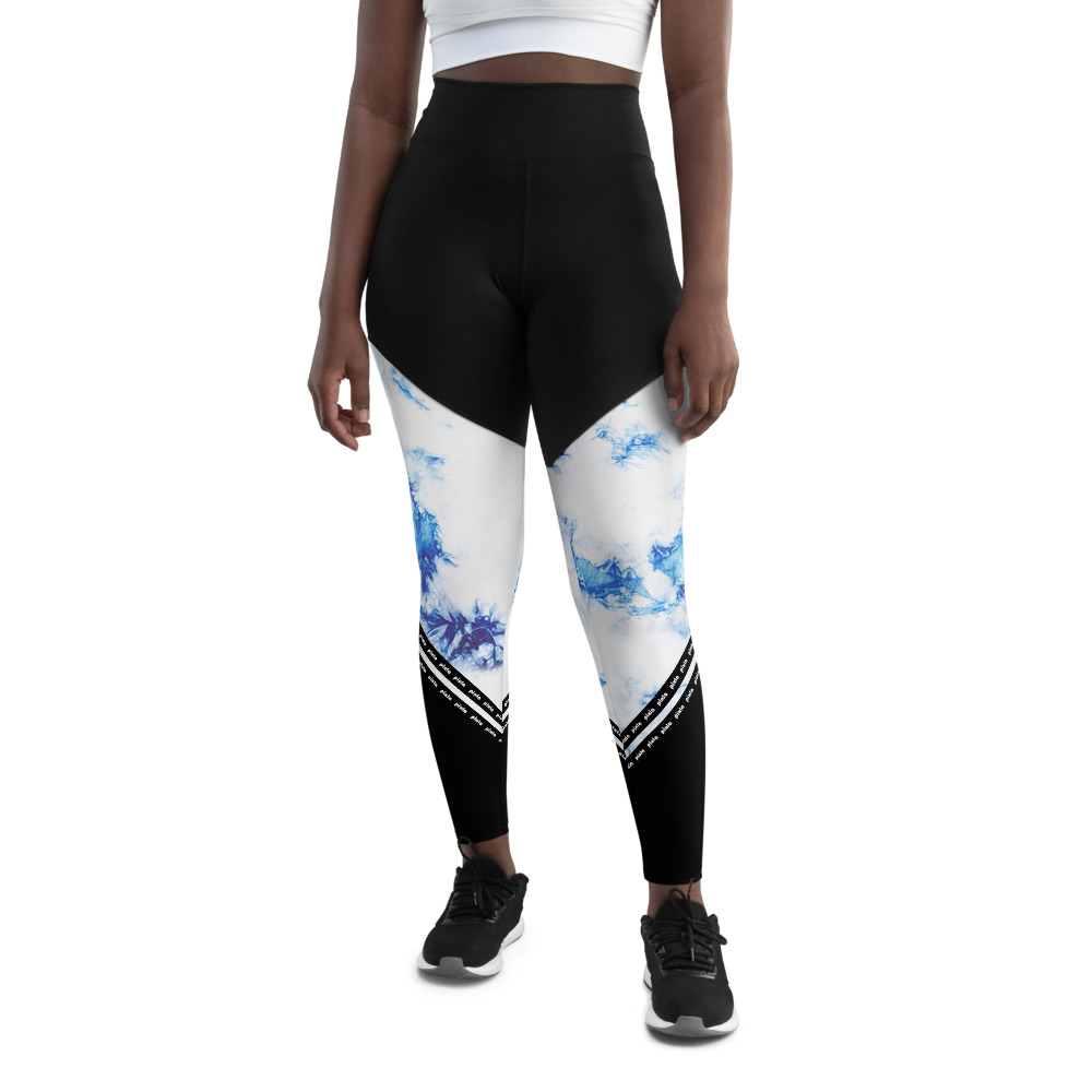 Soft and stretchy compression sports leggings in a printed blue-white tie-dye effect with high-waist, squat-proof lightweight fabric in a snug fit making them perfect for any workout where support and flexibility are needed. You'll love these!