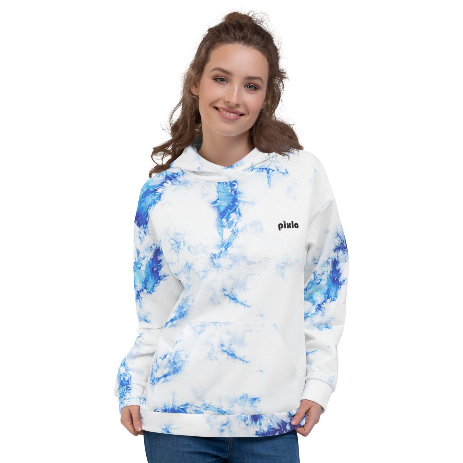 Cobalt blue and white comfy unisex hoodie with a soft outside and a vibrant print, and an even softer brushed fleece inside making it nice and warm. Sublimation print all over.