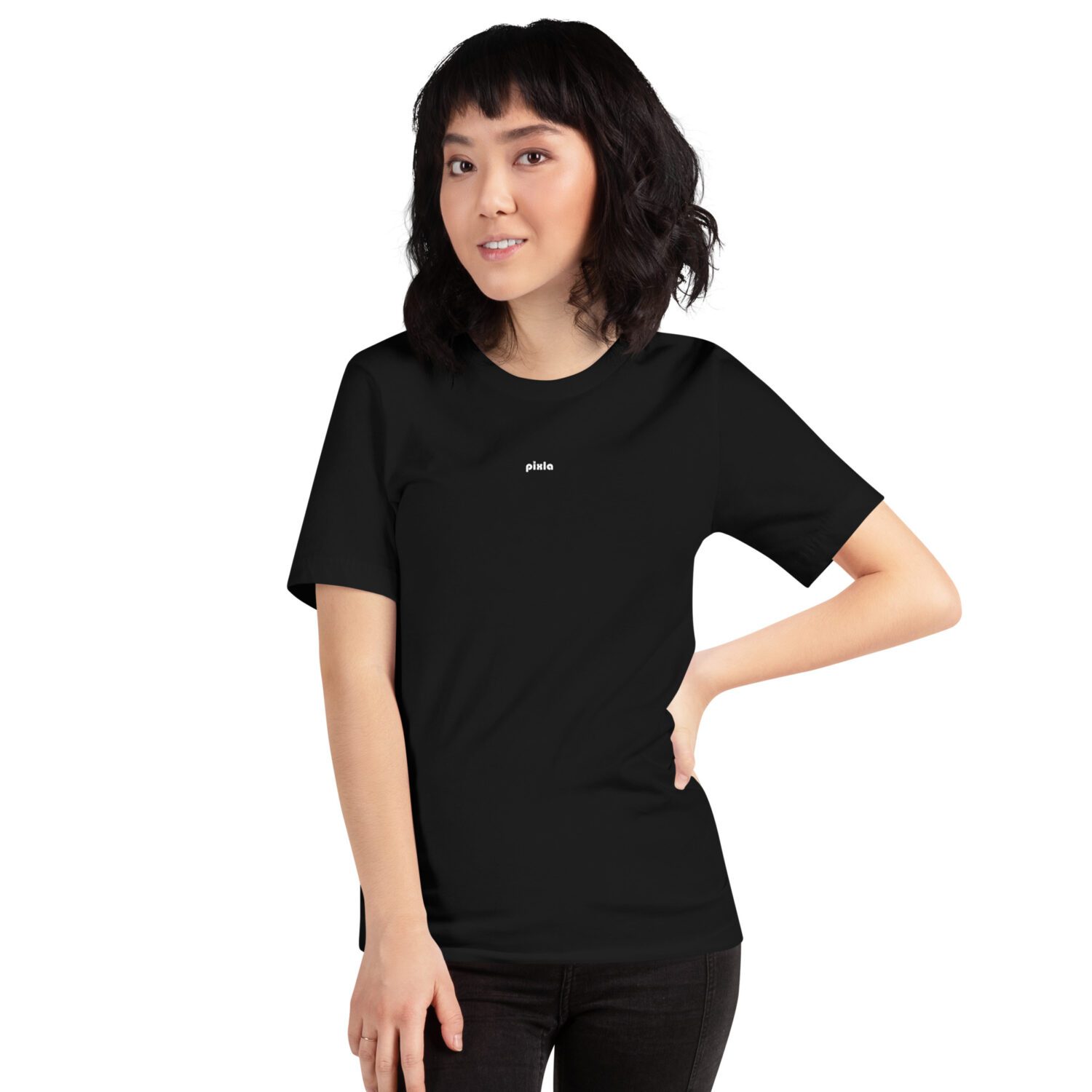 Soft and medium to lightweight white t-shirt with just the right amount of stretch without losing structure. It’s comfortable and flattering and comes with a royal blue print on the upper back and a logo on the front.