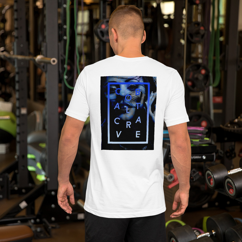Soft and medium to lightweight white t-shirt with just the right amount of stretch without losing structure. It’s comfortable and flattering and comes with a royal blue print on the front and upper back.