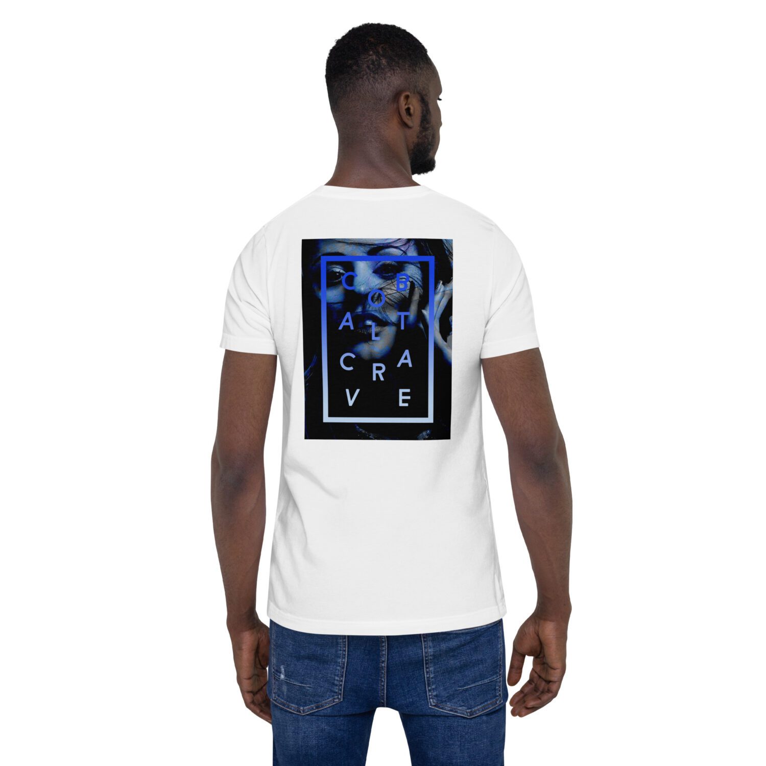 Soft and medium to lightweight white t-shirt with just the right amount of stretch without losing structure. It’s comfortable and flattering and comes with a royal blue print on the front and upper back.