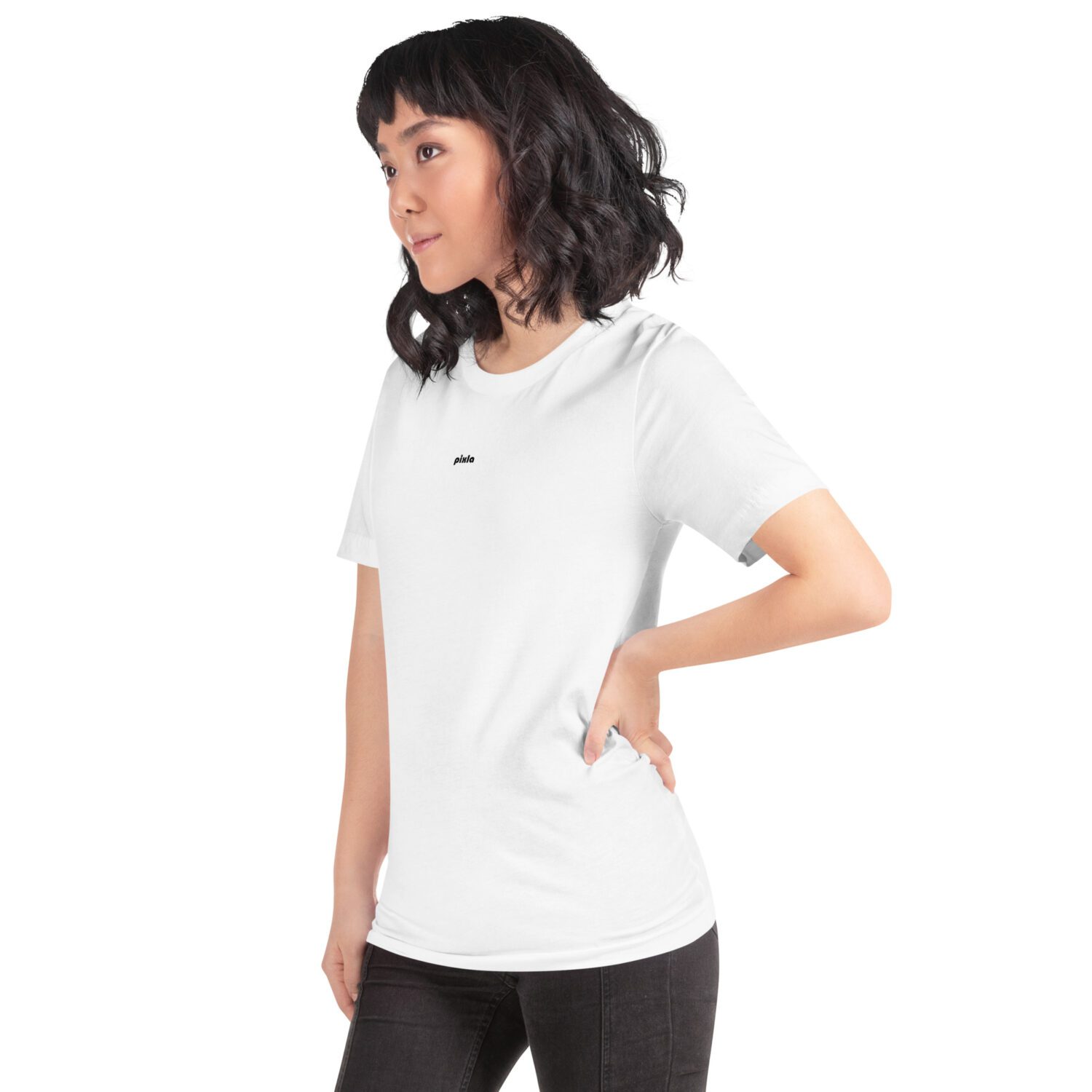 Soft and medium to lightweight white t-shirt with just the right amount of stretch without losing structure. It’s comfortable and flattering and comes with a royal blue print on the front and upper back.