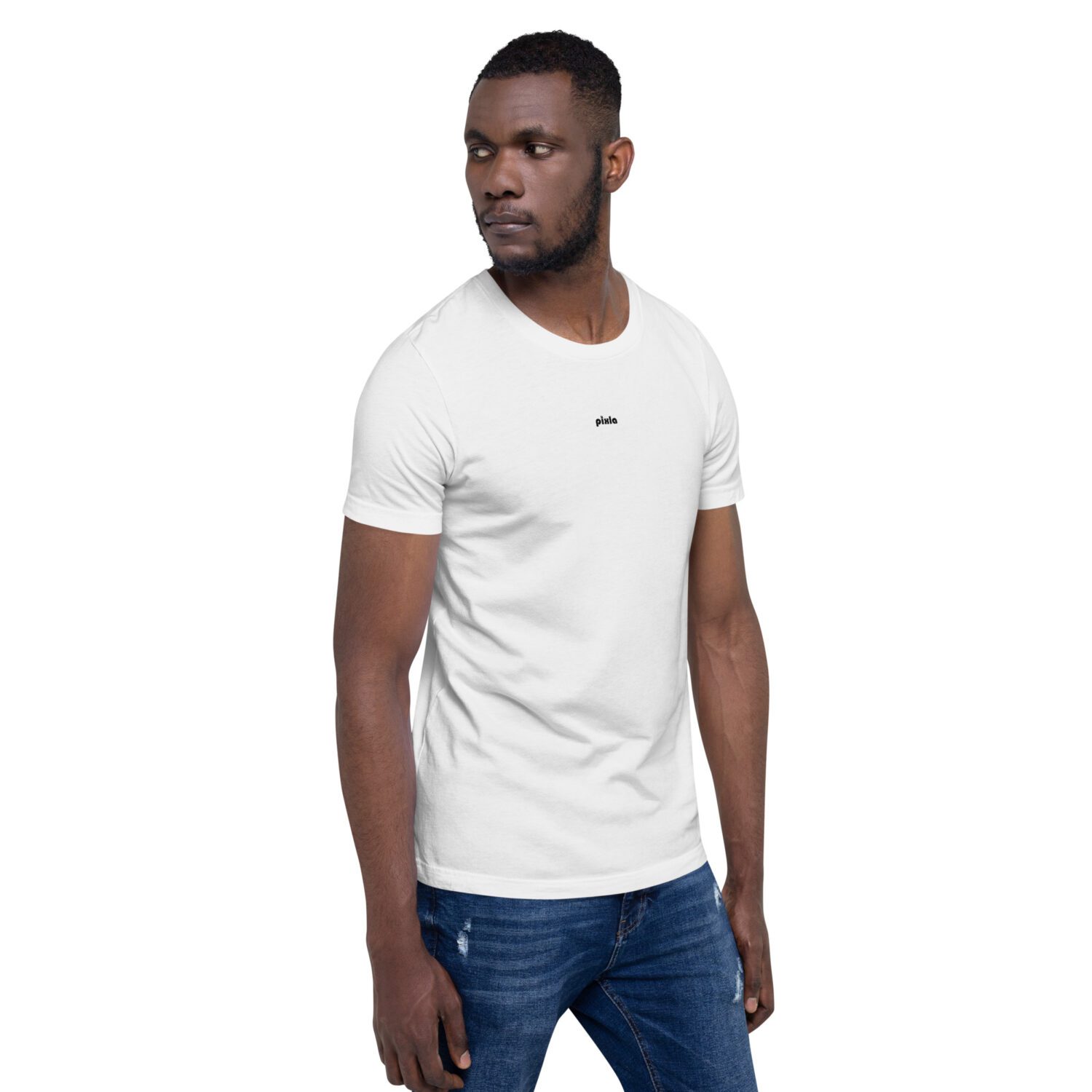 Soft and medium to lightweight white t-shirt with just the right amount of stretch without losing structure. It’s comfortable and flattering and comes with a royal blue print on the front and upper back.