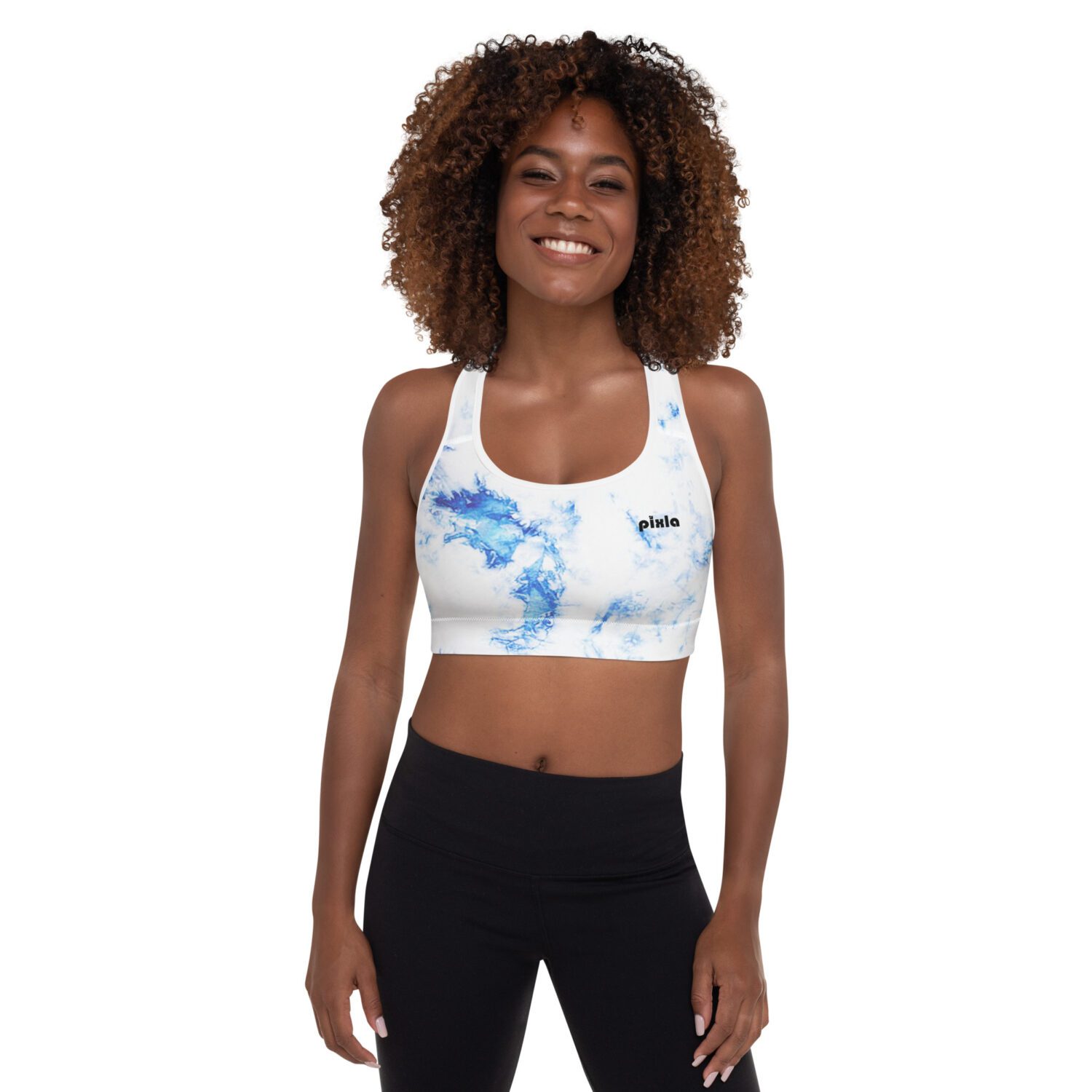 This comfy four-way stretch padded sports bra has a soft moisture-wicking fabric, extra materials in shoulder straps, and removable padding for maximum support. Comes in this stunner of a tie dye pattern in electric blue and white.