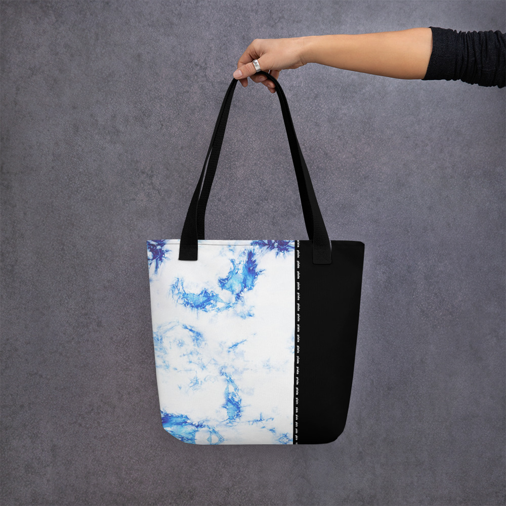 Cobalt blue and white tie-dye tote bag! It's spacious, trendy, and sturdy. Keeps all your stuff in place!