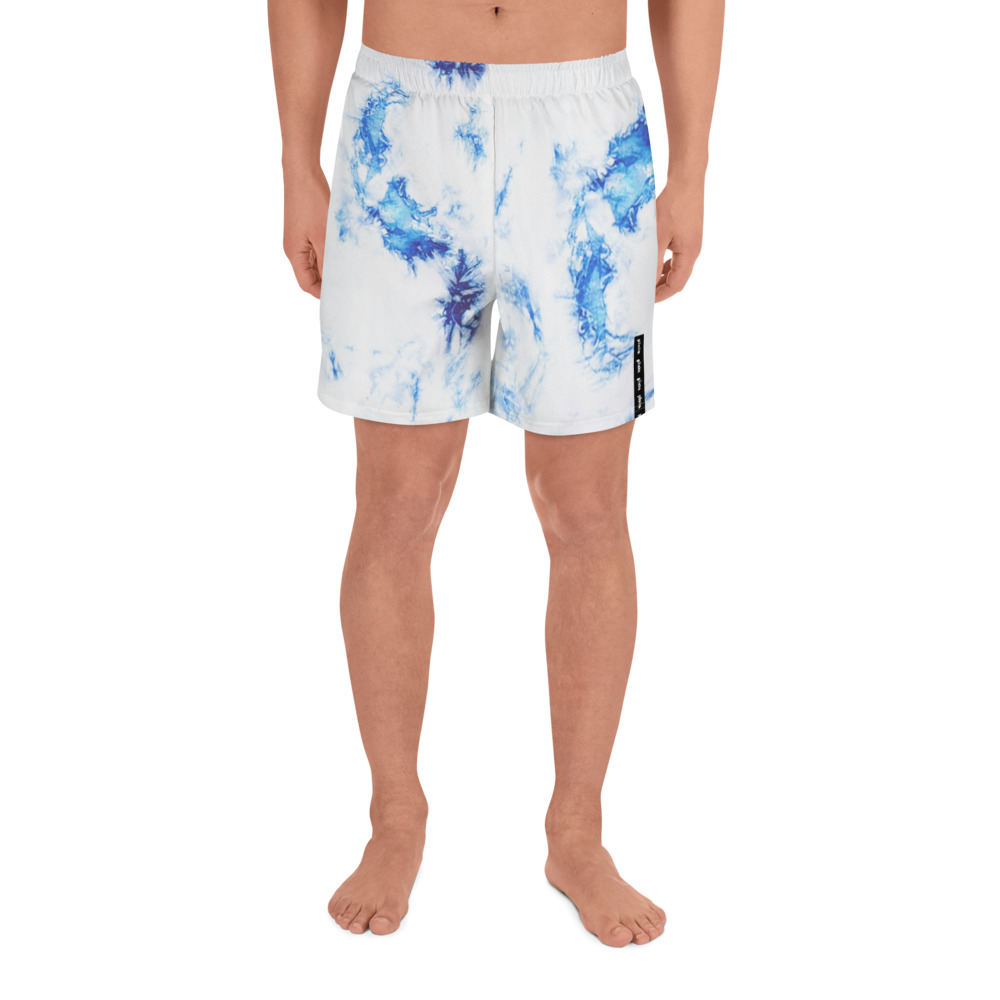 Royal blue and white tie-dye shorts in a light four-way stretch in water-repellent fabric that is perfect for the gym, running outside, and even swimming. Comes with small pockets in mesh lining. Soft and comfortable to wear and super versatile!