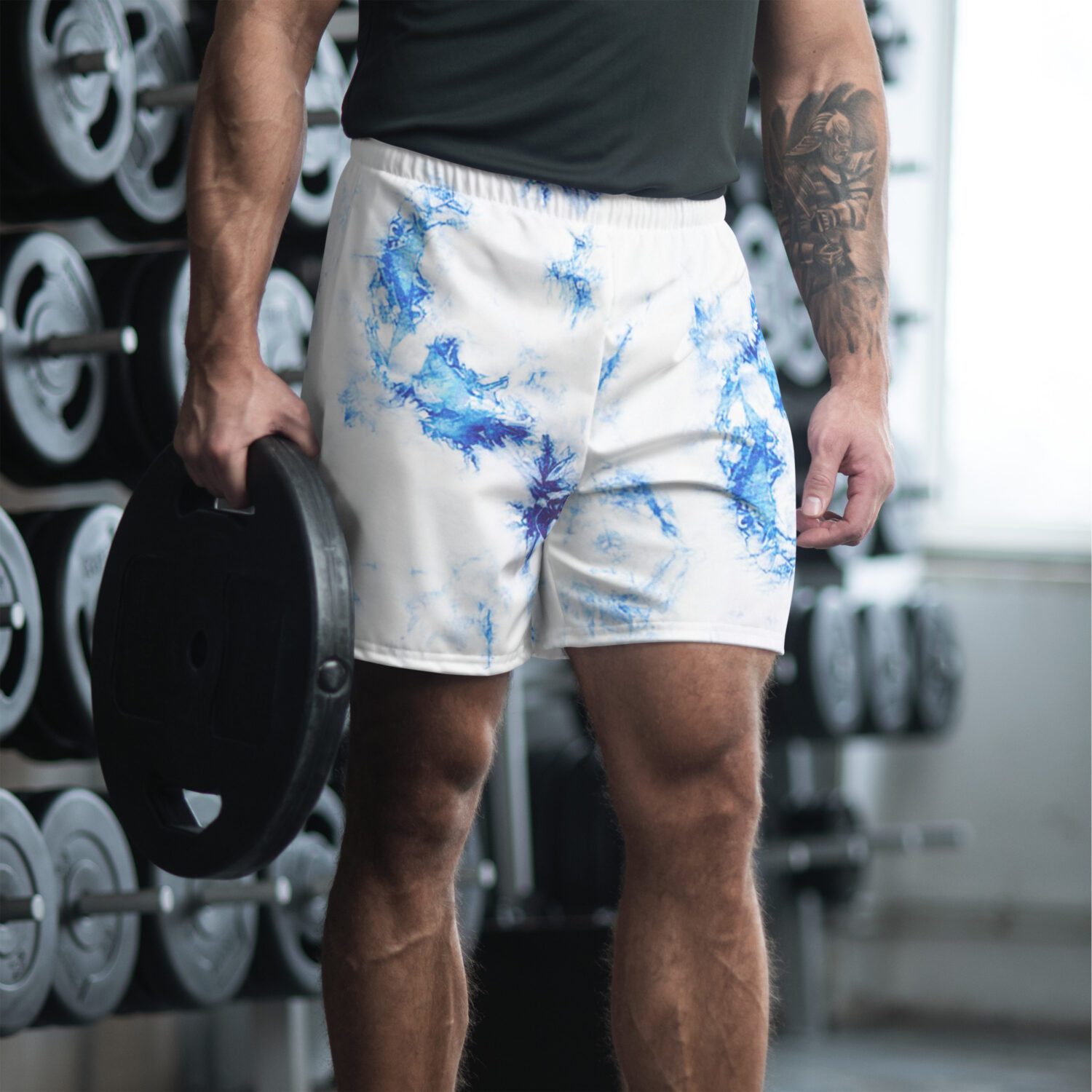 Royal blue and white tie-dye shorts in a light four-way stretch in water-repellent fabric that is perfect for the gym, running outside, and even swimming. Comes with small pockets in mesh lining. Soft and comfortable to wear and super versatile!