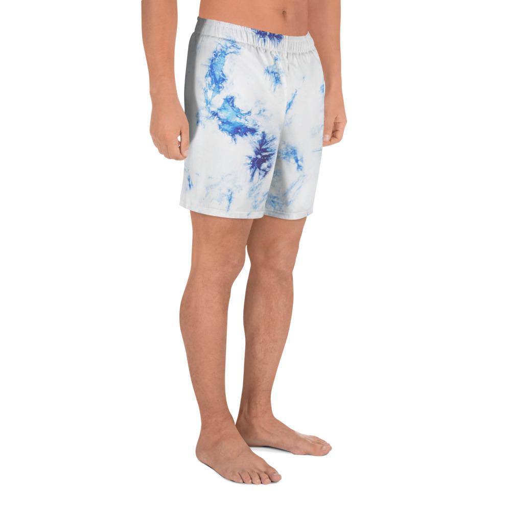 Royal blue and white tie-dye shorts in a light four-way stretch in water-repellent fabric that is perfect for the gym, running outside, and even swimming. Comes with small pockets in mesh lining. Soft and comfortable to wear and super versatile!