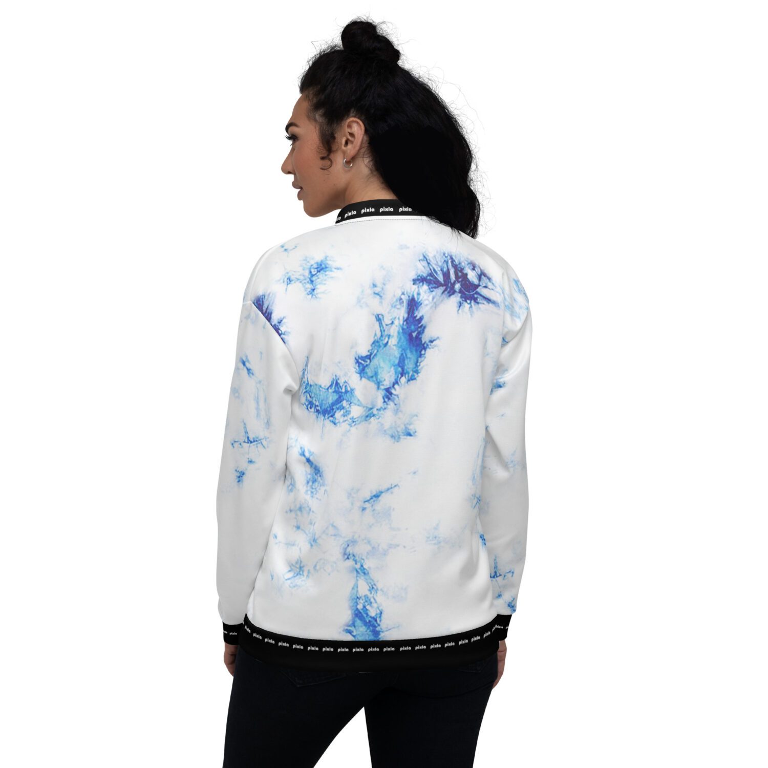 Sheen satin feel lightweight unisex bomber jacket with brushed fleece inside and vibrant royal blue tie-dye print. Zipper and two pockets. Sublimation print all over.