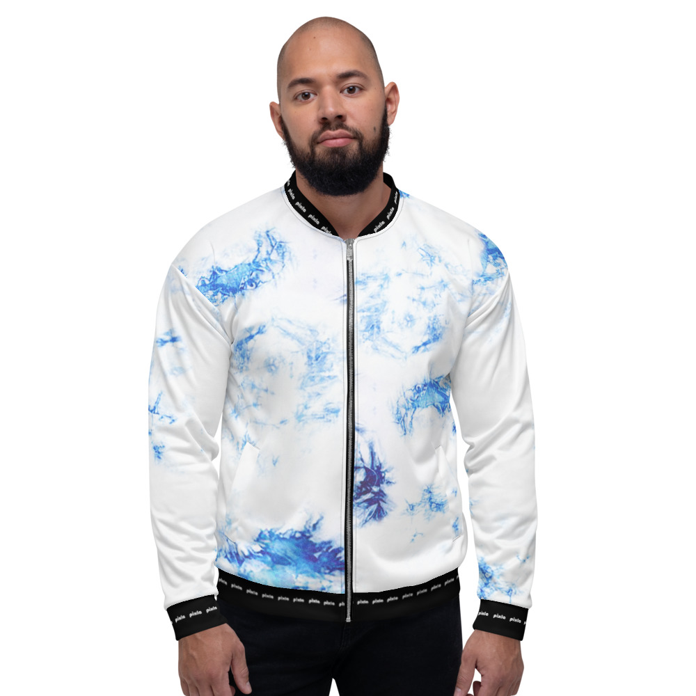 Sheen satin feel lightweight unisex bomber jacket with brushed fleece inside and vibrant royal blue tie-dye print. Zipper and two pockets. Sublimation print all over.