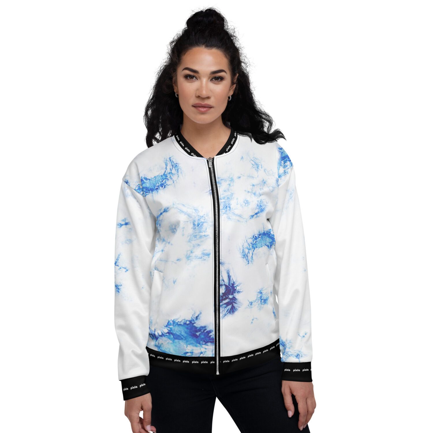 Sheen satin feel lightweight unisex bomber jacket with brushed fleece inside and vibrant royal blue tie-dye print. Zipper and two pockets. Sublimation print all over.