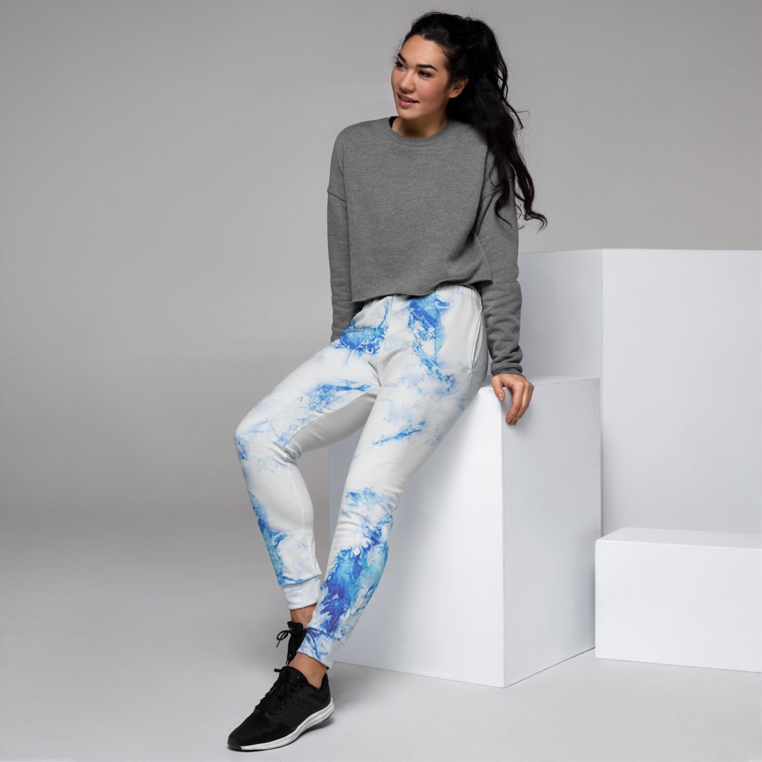 Super comfy slim fit joggers made from a soft cotton blend, these sweatpants feature a vibrant blue and white tie-dye sublimation print all over that won’t fade.