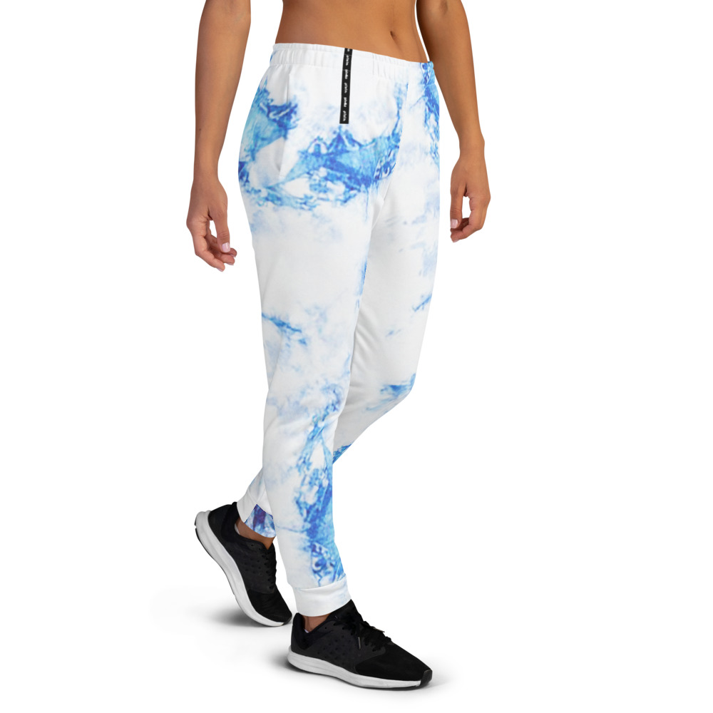 Super comfy slim fit joggers made from a soft cotton blend, these sweatpants feature a vibrant blue and white tie-dye sublimation print all over that won’t fade.