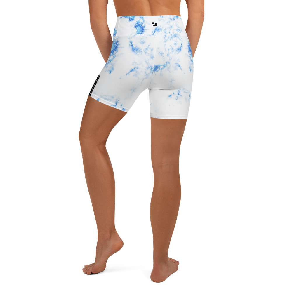 Electric blue tie-dye effect print, comfortable, high-waisted, and super soft. These shorts are perfect for an intense workout as well as for helping you keep cool on a hot day. They come with a high waistband and are made from a four-way soft microfiber yarn.