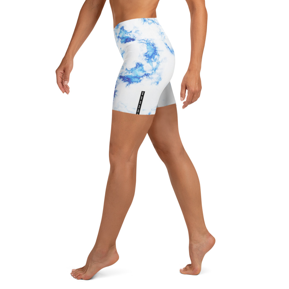 Electric blue tie-dye effect print, comfortable, high-waisted, and super soft. These shorts are perfect for an intense workout as well as for helping you keep cool on a hot day. They come with a high waistband and are made from a four-way soft microfiber yarn.