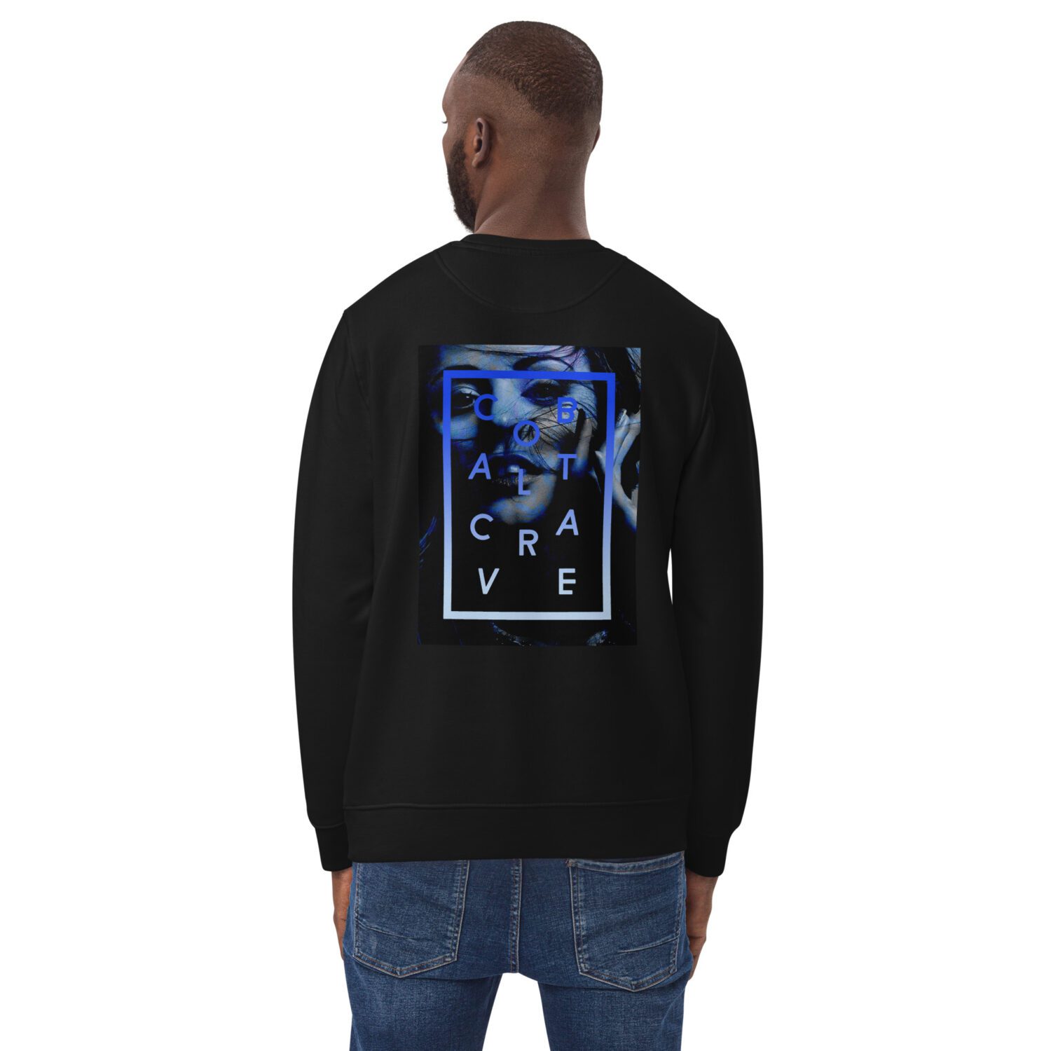 A classic slim-fit black premium sweatshirt with royal blue print on the back. Made from organic ring-spun combed cotton and recycled polyester with a soft feel. Super soft fleece inside making it perfect for keeping warm. Cool cobalt blue print on the upper back and logo in the front.