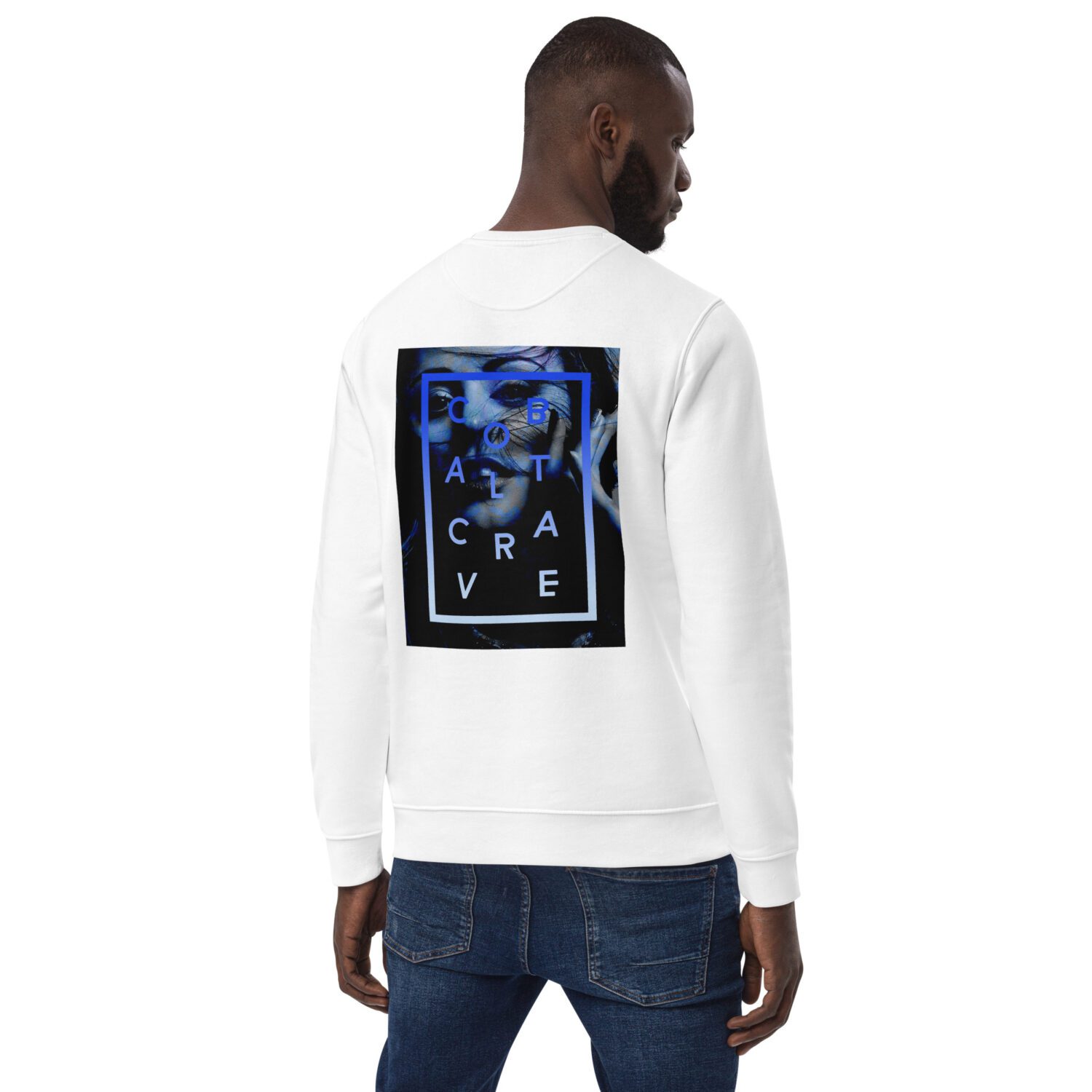 A classic slim fit white unisex sweatshirt with royal blue print on the back. Made with organic ring-spun combed cotton for a soft feel. Super soft fleece inside making it perfect for keeping warm. Cool cobalt blue print on upper back and logo in the front.