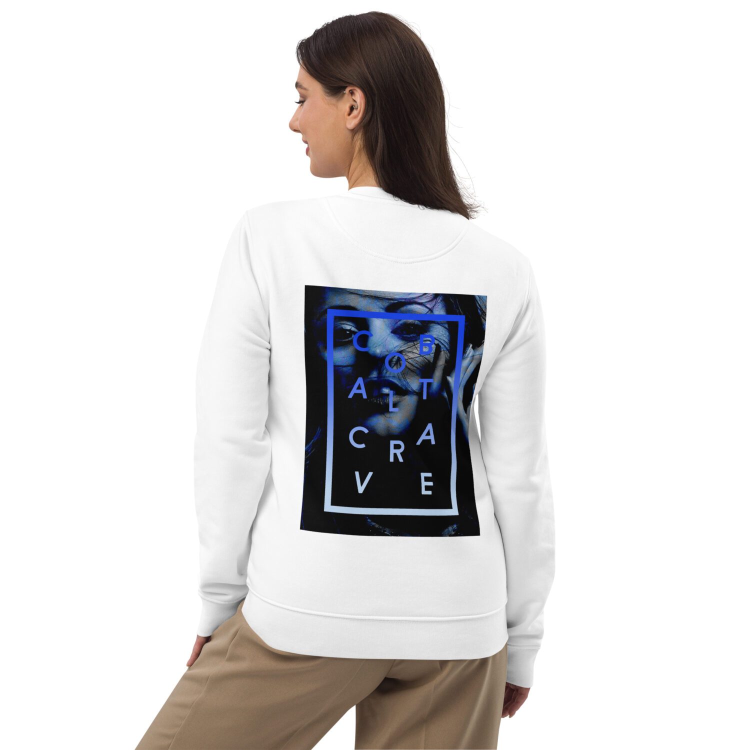 A classic slim fit white unisex sweatshirt with royal blue print on the back. Made with organic ring-spun combed cotton for a soft feel. Super soft fleece inside making it perfect for keeping warm. Cool cobalt blue print on upper back and logo in the front.