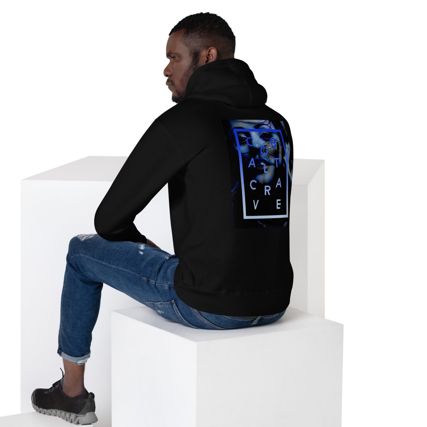 Cozy black unisex go-to premium hoodie in a slim fit to curl up in. Nice medium-weight fabric with a stunning cobalt blue print on the back and super soft fleece inside. Logo print on front chest and cool royal blue print on the upper back.