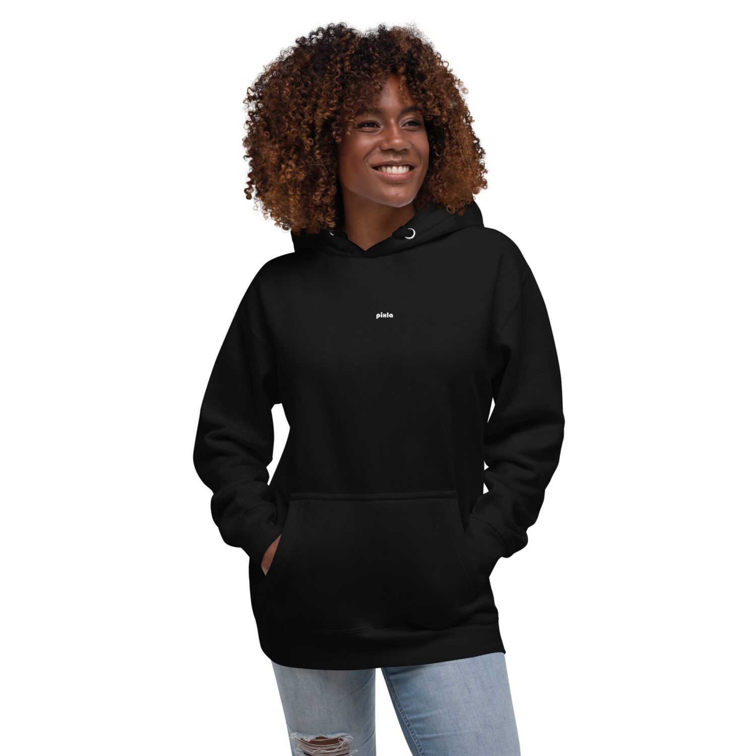 Cozy black unisex go-to premium hoodie in a slim fit to curl up in. Nice medium-weight fabric with a stunning cobalt blue print on the back and super soft fleece inside. Logo print on front chest and cool royal blue print on the upper back.