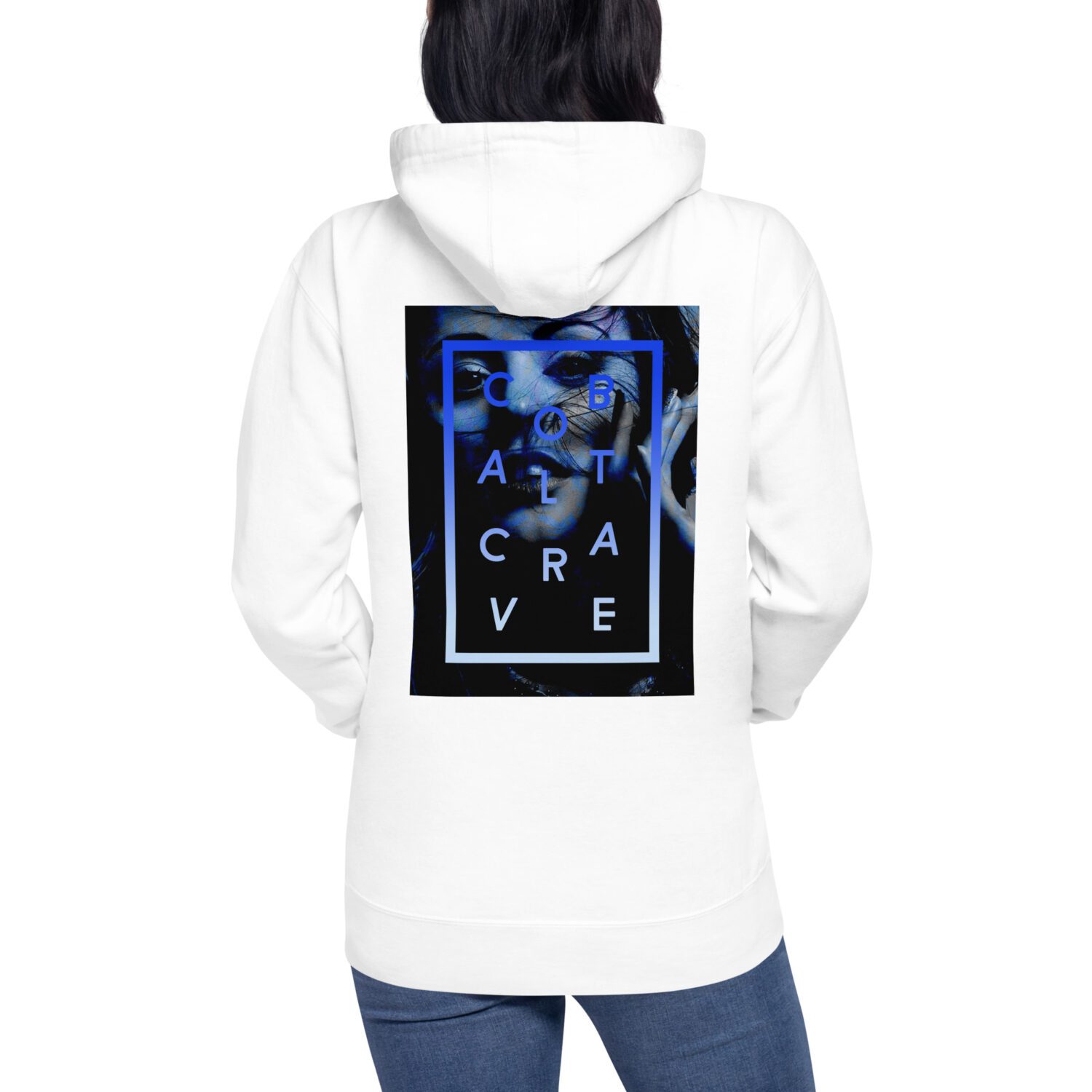 Cozy white unisex go-to premium hoodie in a slim fit to curl up in. Nice medium-weight fabric with a stunning cobalt blue print on the back and super soft fleece inside. Logo print on front chest and cool royal blue print on the upper back.