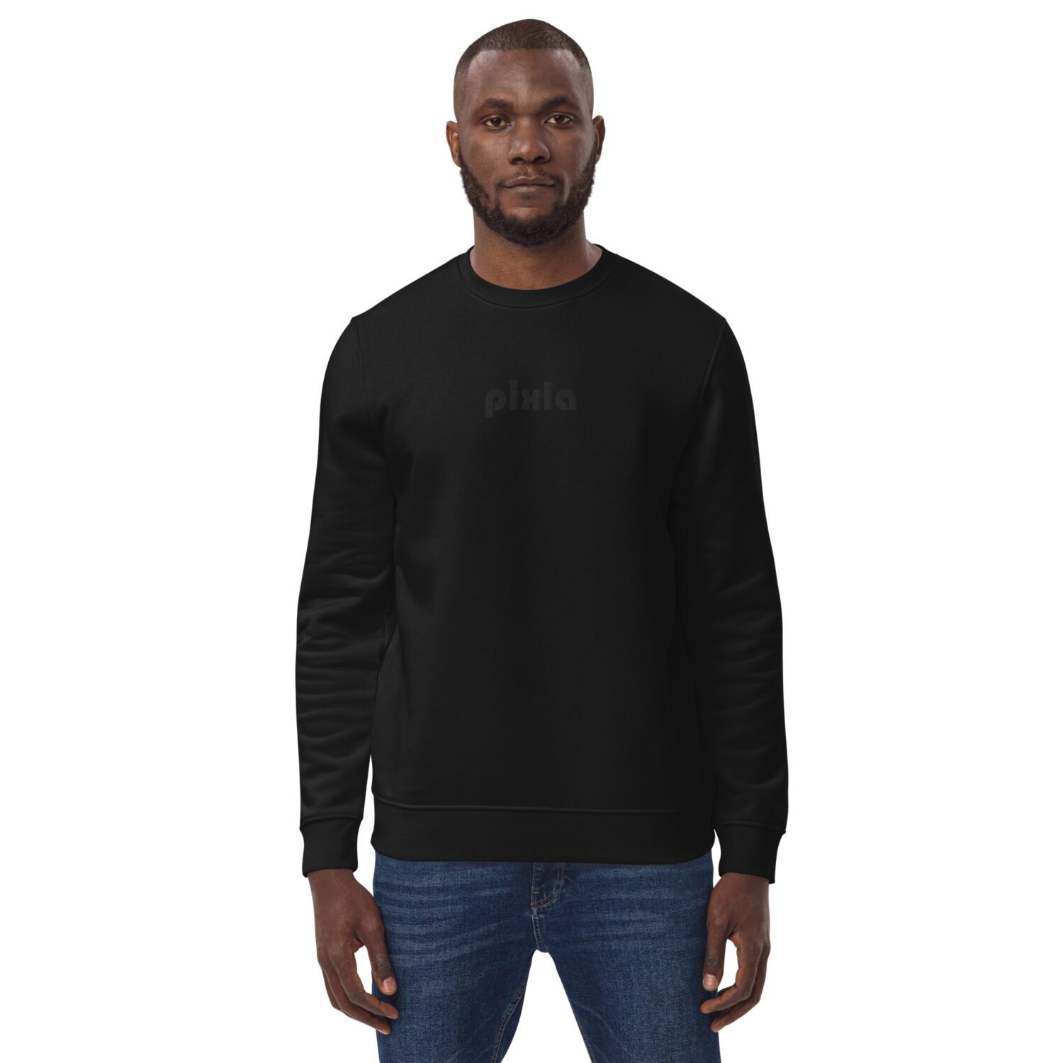 A classic slim-fit black-on-black premium sweatshirt with crispy white embroidery on the front chest. Made from organic ring-spun combed cotton and recycled polyester in medium-weight with a soft feel. Super soft fleece inside making it perfect for keeping warm.