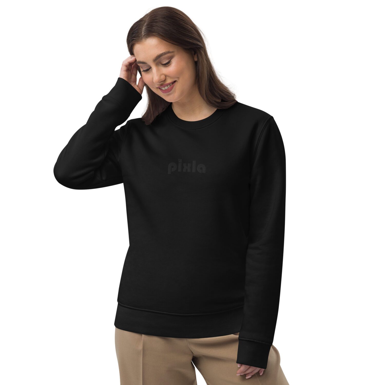 A classic slim-fit black-on-black premium sweatshirt with crispy white embroidery on the front chest. Made from organic ring-spun combed cotton and recycled polyester in medium-weight with a soft feel. Super soft fleece inside making it perfect for keeping warm.