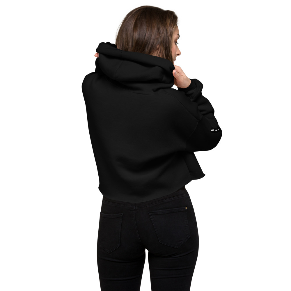 Very comfortable cropped hoodie, great fit, warm, super-soft lining and comes with a trendy raw hem and matching drawstrings. DTG printing on the front, back, and arms.