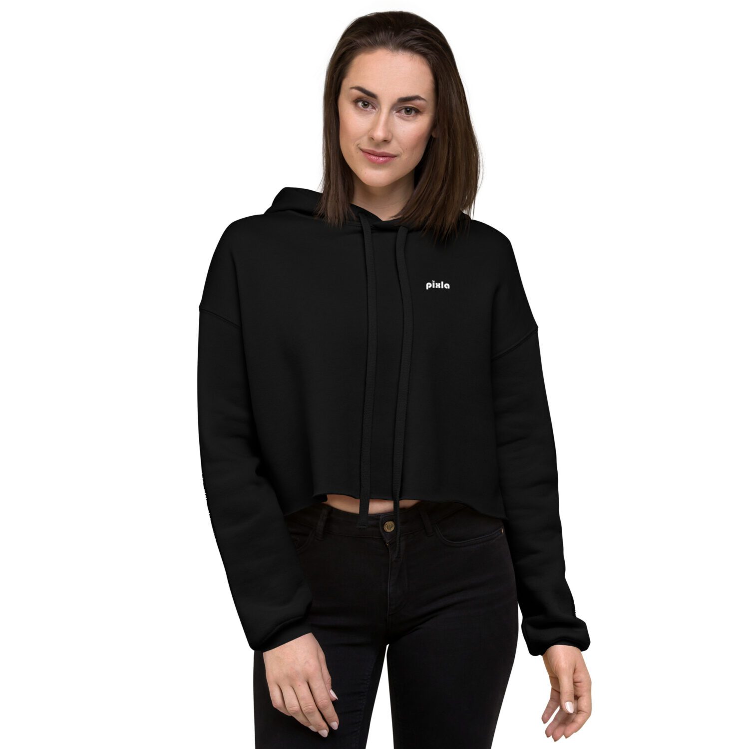Very comfortable cropped hoodie, great fit, warm, super-soft lining and comes with a trendy raw hem and matching drawstrings. DTG printing on the front and arms.